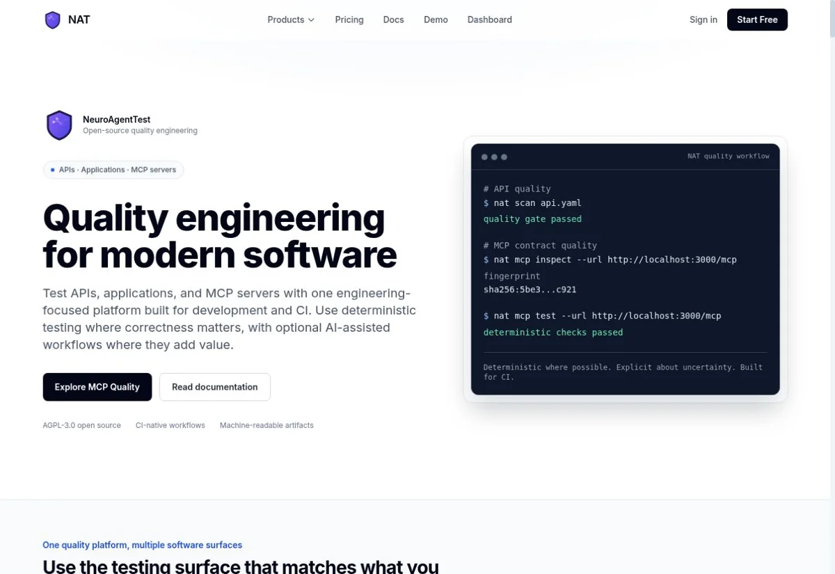 NAT public site showing API and MCP quality workflows